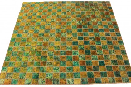 Patchwork Teppich Grün Türkis Gold in 210x210cm